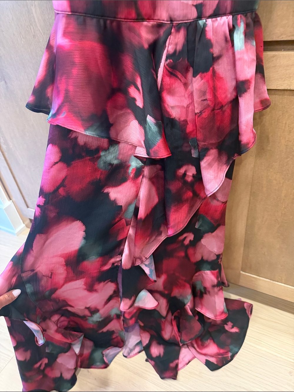 Ted Baker Black Top with Pink Floral Ruffle Skirt Midi Dress - Picture 3 of 8